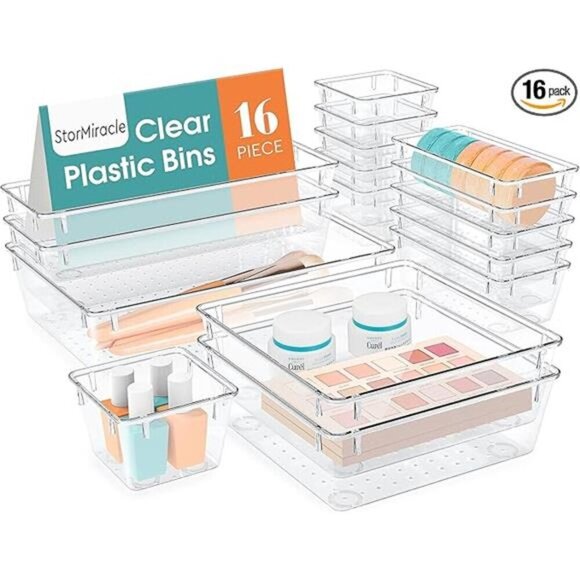 Clear Drawer Organizer Set 16 PCS Storage Bins for Makeup Jewelry Utensils - Picture 7 of 7